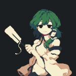  1girl 4qw5 :| bare_shoulders black_eyes breasts closed_mouth dark_background detached_sleeves expressionless eyebrows_hidden_by_hair gohei green_hair grey_background hair_ornament hair_tubes hand_up holding holding_stick kochiya_sanae long_hair long_sleeves medium_breasts pixel_art shirt simple_background snake_hair_ornament solo stick touhou white_shirt wide_sleeves 