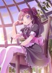  1girl absurdres apron back_bow black_dress blue_sky blurry blurry_foreground bow brown_hair chair clouds collared_dress commentary delicious_party_precure dress eating food frilled_dress frills fruit hair_ribbon highres holding holding_food holding_fruit lamppost long_hair looking_at_viewer medium_dress nagomi_yui neck_ribbon open_mouth outdoors pink_bow pink_ribbon plant precure puffy_short_sleeves puffy_sleeves ribbon short_sleeves sitting sky solo strawberry sunlight thigh-highs tirofinire tree twilight two_side_up violet_eyes waist_apron white_apron white_thighhighs wing_collar wooden_chair 