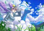  1girl altaria artist_name beak bird blue_sky breasts clouds day flower gloves goggles grass helmet long_hair long_sleeves medium_breasts on_grass open_mouth outdoors pants pokemon pokemon_(game) pokemon_oras purple_hair sitting sky very_long_hair violet_eyes watermark white_flower white_gloves wings winona_(pokemon) yamanashi_taiki 