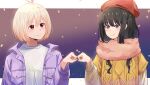  2girls absurdres beret black_hair blonde_hair blush bob_cut brown_sweater chai_haru closed_mouth commentary_request fist_bump hair_between_eyes hat highres inoue_takina jacket light_particles long_hair long_sleeves looking_at_another lycoris_recoil multiple_girls nishikigi_chisato official_alternate_costume one_side_up open_clothes open_jacket partial_commentary pink_scarf puffy_sleeves purple_background purple_jacket red_eyes red_headwear scarf short_hair sidelocks smile sweater sweater_vest upper_body violet_eyes white_sweater winter_clothes yellow_sweater_vest yuri 