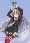  1girl amatsukaze_(kancolle) amatsukaze_kai_ni_(kancolle) annin_musou black_dress brown_eyes commentary_request cowboy_shot dress garter_straps gloves grey_hair grey_neckerchief hair_tubes heart heart_hands kantai_collection long_hair neckerchief one_eye_closed red_thighhighs sailor_collar sailor_dress short_dress single_glove smoke_heart smokestack_hair_ornament solo striped striped_thighhighs thigh-highs two_side_up white_gloves white_sailor_collar 