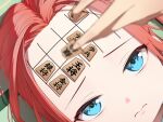  1girl absurdres bananafish1111 blue_archive blue_eyes board_game closed_mouth forehead highres holding_shogi_piece long_hair looking_at_viewer redhead shogi shogi_piece solo_focus yuzu_(blue_archive) 
