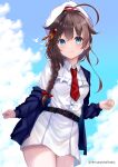  1girl absurdres ahoge animal belt beret bird blue_eyes blue_jacket blush braid brown_belt brown_hair buttons closed_mouth clouds cloudy_sky collared_dress cowboy_shot day dress hair_flaps hat highres himura_moritaka jacket kantai_collection long_hair long_sleeves looking_at_viewer necktie official_alternate_costume open_clothes open_jacket red_necktie shigure_(kancolle) shigure_kai_san_(kancolle) single_braid skirt sky smile solo twitter_username white_dress white_headwear 
