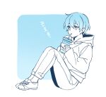  1girl angela_(project_moon) ap5ry blue_background blue_hair blue_theme cup disposable_cup drinking drinking_straw hood hood_down hoodie knees_up library_of_ruina long_sleeves monochrome pants project_moon shoes short_hair simple_background sitting sneakers solo 