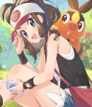 1girl :d absurdres armpit_crease armpit_peek baseball_cap black_vest blue_eyes bottle brown_hair commentary curly_hair cutoffs denim denim_shorts exposed_pocket hat high_ponytail highres hilda_(pokemon) holding holding_bottle long_hair looking_at_viewer pokemon pokemon_(creature) pokemon_(game) pokemon_bw pokemon_on_back red_bag shirt short_shorts shorts sidelocks sleeveless sleeveless_shirt smile tank_top tepig tomboy vest white_shirt wristband yupiteru