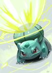  attack bulbasaur claws closed_mouth fangs grey_background no_humans nostrils pokemon pokemon_(creature) pokemon_move red_eyes solar_beam_(pokemon) solo tesshii_(riza4828) 