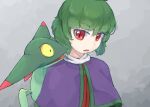  1other adagumo_no_saragimaru androgynous blunt_bangs capelet collar collared_capelet colored_eyelashes dreepy frown green_hair green_trim grey_background len&#039;en looking_at_another necktie open_mouth pokemon pokemon_(creature) purple_capelet red_eyes red_necktie short_hair slit_pupils tail upper_body v-shaped_eyebrows white_collar yellow_eyes yuejiao_tuan 