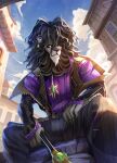  1boy absurdres alolin_(pazuzu)_(dislyte) black_jacket claws clouds dislyte earrings english_commentary etrosamu furry furry_male highres holding holding_mace holding_weapon jacket jewelry lion_boy looking_to_the_side male_focus purple_shirt shirt sky solo weapon 