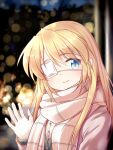  1girl alternate_costume alternate_hairstyle blonde_hair blue_eyes blurry blurry_background blush casual christmas closed_mouth commentary_request depth_of_field eyelashes eyepatch eyes_visible_through_hair gloves hair_between_eyes hair_down hand_up long_hair nakatsu_shizuru one_eye_covered rewrite scarf sidelocks smile solo tagame_(tagamecat) very_long_hair waving white_gloves white_scarf winter 
