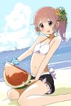  1girl absurdres alternate_costume bare_shoulders beach bikini bikini_top_only black_shorts blush flower food frilled_shorts frills fruit hair_flower hair_ornament highres iwa_(iwafish) kemono_friends kneeling midriff nana_(kemono_friends) navel ocean pink_eyes short_shorts shorts side_ponytail sidelocks solo swimsuit watermelon white_bikini 