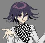  1boy :d black_eyes black_hair bowknot_huhu checkered_clothes checkered_scarf danganronpa_(series) danganronpa_v3:_killing_harmony grey_background grey_jacket hands_up jacket long_sleeves looking_at_viewer male_focus oma_kokichi open_mouth scarf simple_background smile solo upper_body 