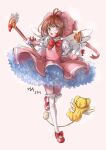  1girl absurdres blush bow brown_hair cardcaptor_sakura clow_card female_child gloves green_eyes highres holding holding_wand kanakana kero kinomoto_sakura magical_girl pink_headwear red_bow red_footwear simple_background wand white_background white_gloves wings 