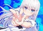  1girl ascot black_ascot blue_background blue_eyes blush commentary_request dutch_angle expressionless eyelashes eyes_visible_through_hair finger_gun floating_hair foreshortening hair_between_eyes hair_ornament hairclip highres long_hair looking_at_viewer matsu520 naruse_shiroha own_hands_together parted_lips pointing pointing_at_viewer polka_dot polka_dot_background puffy_short_sleeves puffy_sleeves school_uniform shirt short_sleeves simple_background skirt solo straight-on summer_pockets very_long_hair white_hair white_shirt white_skirt 