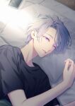  1boy black_shirt cellphone charger curtained_hair genzuki_toujirou highres ichi-be looking_at_viewer lying male_focus nijisanji on_bed on_side one_eye_closed parted_bangs parted_lips phone pillow purple_hair shirt short_hair smartphone solo sunlight t-shirt under_covers upper_body violet_eyes virtual_youtuber waking_up 