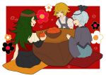  1jumangoku 3others androgynous black_headband black_ribbon black_sleeves blonde_hair blue_hair blue_skirt brown_headband check_commentary closed_eyes collared_shirt commentary commentary_request detached_sleeves flat_color floral_background food frown fruit fruit_bowl fujiwara_no_iyozane green_hair hair_ribbon hakama hakama_skirt hand_on_table headband holding holding_food holding_fruit japanese_clothes kimono kotatsu len&#039;en long_hair long_sleeves multiple_others one_side_up open_mouth persimmon pillow puffy_short_sleeves puffy_sleeves purple_kimono purple_vest red_armor red_background red_eyes ribbon shirt short_hair short_sleeves shoulder_pads single_sleeve sitting skirt smile star_(symbol) table taira_no_fumikado umatachi_tsugumi unfinished vest white_shirt wide_sleeves yellow_eyes 