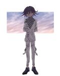  1boy arms_behind_back black_hair blush buttons checkered_clothes checkered_scarf danganronpa_(series) danganronpa_v3:_killing_harmony double-breasted full_body grin hair_between_eyes highres jacket long_sleeves looking_at_viewer male_focus medium_hair ne555ne oma_kokichi scarf shoes short_hair sky smile solo standing teeth white_background 