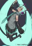  1girl aqua_hair aqua_nails arm_tattoo blush boots closed_mouth collared_shirt detached_sleeves eyelashes fumuna glowing glowing_hair green_eyes grey_shirt hatsune_miku headset miniskirt nail_polish number_tattoo pleated_skirt shirt skirt smile solo tattoo thigh_boots vocaloid web_address zettai_ryouiki 