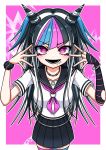  1girl black_hair blue_hair border breasts danganronpa_(series) danganronpa_2:_goodbye_despair hair_horns hands_up highres jewelry long_hair looking_at_viewer mioda_ibuki multicolored_hair open_mouth piercing pink_background pink_eyes pink_hair rabe_(rabe64311012) sailor_collar school_uniform serafuku shirt short_sleeves skirt smile solo thigh-highs white_border white_hair 