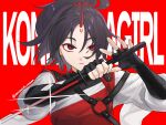  1girl akatsuki_records annindofu_umaaa black_gloves black_hair black_shirt closed_mouth commentary_request english_text facial_mark fingerless_gloves forehead_mark gloves highres holding holding_sword holding_weapon horns konngara_(touhou) long_hair looking_at_viewer ponytail red_eyes red_shirt shirt single_horn solo sword touhou touhou_(pc-98) twitter_username upper_body weapon white_shirt 