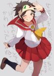  1girl ace_attorney brown_hair closed_mouth legs loafers onaramaru one_eye_closed phoenix_wright:_ace_attorney_-_dual_destinies red_skirt robin_newman sailor_collar school_uniform serafuku shoes short_hair skirt smile solo tongue tongue_out translation_request 