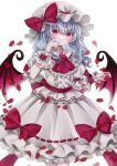  1girl ascot bat_wings blush brooch buttons center_frills closed_mouth collared_shirt frilled_skirt frilled_sleeves frills grey_hair hair_between_eyes hat hat_ribbon jaku_sono jewelry medium_hair mob_cap petals red_ascot red_eyes red_ribbon red_wings remilia_scarlet ribbon shirt short_sleeves simple_background skirt smile solo touhou white_background white_headwear white_shirt white_skirt wings wrist_cuffs 