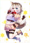  1girl :d animal_ears belt black_gloves blue_eyes boots breasts brown_hair chain chain_leash collar cropped_jacket dog_ears dog_girl dog_tail ear_down fang fingerless_gloves full_body garter_straps gloves hasuki_rui heterochromia highres indie_virtual_youtuber jacket kitasaya_ai leash light_brown_hair medium_breasts medium_hair miniskirt multicolored_hair navel open_clothes open_jacket open_mouth plaid plaid_skirt pleated_skirt puffy_short_sleeves puffy_sleeves red_collar red_eyes short_sleeves single_garter_strap single_thighhigh skin_fang skirt smile tail thigh-highs thigh_strap two-tone_hair unaligned_ears virtual_youtuber 