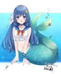  blue_eyes blue_hair bow long_hair mermaid monster_girl navel sailor_collar 