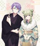  1boy 1girl ap5ry bag black_jacket blue_hair blue_kimono closed_mouth double_bun floral_print folding_fan fur_collar green_hair hair_bun hand_fan haori highres holding holding_bag holding_fan jacket japanese_clothes kamishiro_rui kimono kusanagi_nene long_hair long_sleeves low_tied_sidelocks multicolored_hair new_year obi project_sekai purple_hair purple_kimono sash smile streaked_hair two-tone_hair upper_body violet_eyes wide_sleeves yellow_eyes 