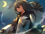  1girl black_hair black_skirt clouds crescent_moon hair_between_eyes highres holding kantai_collection long_hair long_sleeves mikazuki_(kancolle) moon neckerchief night orange_eyes outdoors parted_lips rigging sailor_collar school_uniform serafuku shield signature skirt sky solo sunday_aki white_neckerchief 