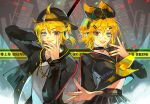  1boy 1girl aqua_eyes artist_request backwards_hat black_eyes blonde_hair blurry blurry_background caution_tape chain-link_fence choker commentary depth_of_field fence foreshortening hair_ornament hairpin hat headphones heterochromia hood hoodie kagamine_len kagamine_rin low_ponytail medium_hair nail_polish no_parking_sign non-web_source open_mouth reaching reaching_towards_viewer rettou_joutou_(vocaloid) road_sign sailor_collar sign symmetrical_pose two-sided_fabric two-sided_shirt vocaloid yellow_nails 