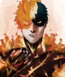  1boy agni_(fire_punch) agni_face_(meme) black_hair burn_scar burning clenched_hand fire_punch flaming_eye goldenpenhd highres looking_at_viewer meme scar short_hair solo yellow_eyes 