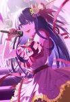  1girl belt black_belt blurry cowboy_shot depth_of_field dress frilled_dress frilled_gloves frills gloves hair_between_eyes hair_ornament hair_ribbon highres holding holding_microphone hoshino_ai_(oshi_no_ko) idol idol_clothes itsuki_(87835821) long_hair looking_at_viewer microphone one_side_up open_mouth oshi_no_ko pink_dress pink_gloves pink_ribbon pointing pointing_at_viewer purple_hair rabbit_hair_ornament ribbon screen_zoom sidelocks sleeveless sleeveless_dress solo star-shaped_pupils star_(symbol) star_hair_ornament symbol-shaped_pupils teeth turtleneck_dress violet_eyes 