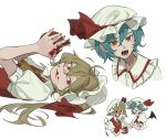  2girls ascot bat_wings black_wings blonde_hair blue_hair closed_mouth collared_shirt crystal dee_(tannsumi) fingernails flandre_scarlet food food_on_face frilled_shirt_collar frills fruit hair_between_eyes hat hat_ribbon highres holding holding_food holding_fruit long_hair mob_cap multiple_girls open_mouth pomegranate red_eyes red_ribbon red_vest remilia_scarlet ribbon shirt short_hair short_sleeves siblings simple_background sisters tongue tongue_out touhou vest white_background white_headwear white_shirt wings yellow_ascot 
