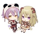  1boy 1girl animal_ears ap5ry bear_ears black_pants blue_hair bow bowtie brown_bow brown_bowtie commentary_request denka_kumaneko_(project_sekai) green_hair hair_flaps jacket kamishiro_rui kusanagi_nene little_strawbearry_(project_sekai) long_hair low_tied_sidelocks multicolored_hair open_mouth panda_hat pants partial_commentary paw_pose project_sekai purple_hair red_shirt shirt sidelocks simple_background smile socks streaked_hair very_long_hair violet_eyes white_background white_jacket white_socks 