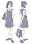  1girl bag bag_charm blue_background blue_bag blue_bow blue_bowtie blue_eyes blue_footwear blue_hair blue_skirt blue_theme blue_vest bob_cut bow bowtie charm_(object) collared_shirt full_body highres holding holding_bag inverted_bob kariya_(kry_aia) loafers looking_at_viewer multiple_views original parted_lips pleated_skirt school_bag school_uniform shirt shoes short_hair short_sleeves shoulder_bag simple_background skirt socks standing vest white_shirt white_socks 