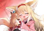  1girl :d animal animal_ear_fluff animal_ears arknights blonde_hair blush closed_eyes commentary_request flower fox fox_ears fox_girl fox_tail hair_flower hair_ornament hairband hehehzb holding holding_animal japanese_clothes kimono kitsune kyuubi long_sleeves multicolored_hair multiple_tails official_alternate_costume oil-paper_umbrella open_mouth pink_kimono red_hairband red_umbrella smile solo suzuran_(arknights) suzuran_(yukibare)_(arknights) tail two-tone_hair umbrella white_hair wide_sleeves 