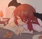  :o bat_wings bespectacled blush book book_stack candle cookie eyes_visible_through_hair food glasses head_wings highres koakuma long_hair long_sleeves open_book plate pointy_ears red-framed_eyewear redhead semi-rimless_eyewear shirt sidelocks simple_background sleeping table touhou upper_body white_shirt wings yige_chizi 