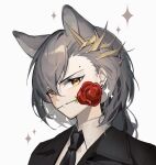  1girl absurdres akechi_(826988799) animal_ears arknights black_jacket black_necktie brown_hair collared_shirt dress_shirt earrings extra_ears flower flower_in_mouth hair_between_eyes hair_ornament highres jacket jewelry lapels long_hair looking_at_viewer mole necktie penance_(arknights) portrait red_flower red_rose rose shirt simple_background solo sparkle suit suit_jacket white_background white_shirt wolf_ears wolf_girl yellow_eyes 