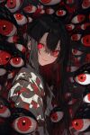  1girl black_hair closed_mouth earrings hair_between_eyes japanese_clothes jewelry kimono long_hair looking_at_viewer original red_eyes sleyercool solo too_many_eyes upper_body 