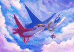  above_clouds clouds commentary day eye_contact flower_wreath kanzen_kabeuchi latias latios looking_at_another no_humans open_mouth outdoors pokemon pokemon_(creature) signature smile symbol-only_commentary watermark yellow_eyes 