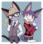  2boys absurdres animal_crossing black_fur black_tail blonde_hair blue_fur blue_necktie brown_vest business_casual cat cat_boy collared_shirt expressionless furry furry_male glasses grey_fur hair_tuft heterochromia highres long_sleeves male_focus multiple_boys necktie open_mouth pants patterned_background patterned_clothing raymond_(animal_crossing) red_eyes rover_(animal_crossing) shirt short_hair smile sweater tail ttnoooo turtleneck turtleneck_sweater vest white_shirt 