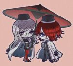  1boy 1girl black_footwear black_headwear black_jacket black_pants boots cape chibi closed_mouth commentary_request full_body gisho_(v_doi) glasses grey_hair hair_over_one_eye hand_on_own_hip high_heels holding holding_umbrella jacket long_hair long_sleeves looking_at_viewer martina_electro master_detective_archives:_rain_code military_uniform oil-paper_umbrella pants red_umbrella redhead short_hair simple_background smile standing twitter_username umbrella uniform very_long_hair violet_eyes white_cape yomi_hellsmile 