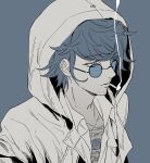  1boy chest_tattoo cigarette coat facial_hair glasses highres hood hood_up limited_palette male_focus master_detective_archives:_rain_code open_clothes parted_lips round_eyewear short_hair simple_background smoke smoking solo stubble tattoo tinted_eyewear upper_body xi_hsi yakou_furio 