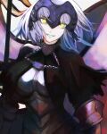  1girl armor armored_corset battle_standard chain cowter fate/grand_order fate_(series) gauntlets gorget highres jeanne_d&#039;arc_alter_(avenger)_(fate) jeanne_d&#039;arc_alter_(fate) looking_at_viewer moedredd short_hair solo standard_bearer white_hair wind yellow_eyes 