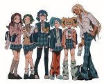  1boy 5girls :o :q ^_^ alternate_costume aqua_hair bag black_footwear black_thighhighs blonde_hair blue_eyes blue_hair blue_jacket book brown_eyes brown_footwear brown_hair brown_socks brown_sweater_vest cardigan closed_eyes closed_mouth collarbone collared_shirt dark-skinned_male dark_skin diagonal-striped_necktie dot_mouth drink fang full_body green_hair green_leg_warmers grey_sweater_vest grgrton gundam gundam_suisei_no_majo hair_between_eyes hair_over_one_eye hand_in_pocket henao_jazz holding holding_book holding_drink holding_phone hood hooded_jacket ireesha_plano jacket jewelry kneehighs leg_warmers long_hair long_sleeves looking_at_another looking_at_phone maisie_may multiple_girls necklace necktie off_shoulder open_clothes open_collar open_jacket open_mouth pants pants_under_skirt pectoral_cleavage pectorals phone pink_jacket plaid plaid_pants plaid_skirt pleated_skirt ponytail red_necktie red_pants sabina_fardin school_bag school_briefcase school_uniform shaddiq_zenelli shirt shirt_partially_tucked_in shirt_tucked_in shoes short_hair short_hair_with_long_locks short_twintails sideways_glance simple_background skirt sleeves_past_wrists smile socks standing striped_necktie stuffed_animal stuffed_rabbit stuffed_toy sweater_vest thigh-highs tongue tongue_out twintails very_long_hair violet_eyes white_background white_footwear white_shirt white_socks 