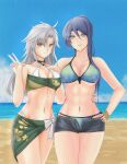  2girls abs absurdres artist_request beach bell bikini blue_bikini blue_hair blue_sky bracelet breasts denim denim_shorts eiyuu_densetsu fie_claussell green_eyes hair_between_eyes highres jewelry jingle_bell laura_s._arseid long_hair looking_at_viewer medium_breasts multiple_girls navel neck_bell ocean outdoors ponytail sand sen_no_kiseki shorts sky swimsuit v white_hair yellow_eyes 