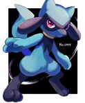  black_background border commentary_request fang highres legs_apart looking_at_viewer open_mouth pokedex_number pokemon pokemon_(creature) red_eyes riolu riru_maru08 skin_fang solo standing white_border 