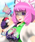  1girl absurdres asymmetrical_shirt beach bow breasts collarbone collared_shirt drill_hair eyeshadow fur_coat fur_jacket galarian_slowbro gloves hair_bow hairband highres holding holding_poke_ball jacket klara_(pokemon) large_breasts makeup mole mole_under_mouth one_eye_closed pink_eyeshadow pink_hair pink_lips poke_ball poke_ball_(basic) pokemon pokemon_(creature) pokemon_(game) pokemon_swsh selfie shirt short_hair single_glove talkinghopper tongue tongue_out twin_drills upper_body violet_eyes white_bow white_hairband 