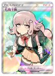  1girl animal_bag artist_name black_jacket blush bowknot_huhu brown_skirt card_(medium) cat_bag danganronpa_(series) danganronpa_2:_goodbye_despair dress_shirt flipped_hair jacket medium_hair miniskirt nanami_chiaki neck_ribbon open_clothes open_jacket pink_bag pink_eyes pink_hair pink_ribbon pleated_skirt ribbon shirt skirt smile solo translation_request white_shirt zettai_ryouiki 