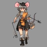  1girl alternate_costume animal bandaid basket black_headwear black_shorts dowsing_rod full_body grey_background grey_hair highres jewelry kaibootsu mouse mouse_girl mouse_tail nazrin pendant red_eyes scarf short_hair shorts solo tail touhou 